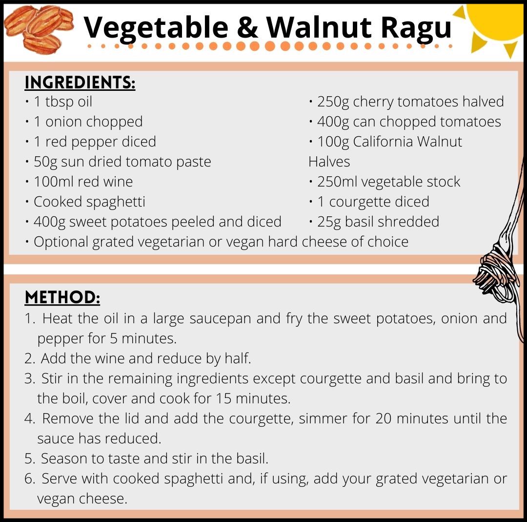 Recipe for a simple and easy spaghetti dish of walnut and vegetable ragu